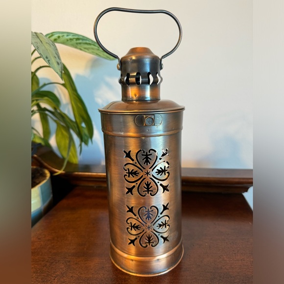 METAL CANDLE LANTERN - PUNCHED DESIGN - BRASS COLOR - Picture 1 of 9